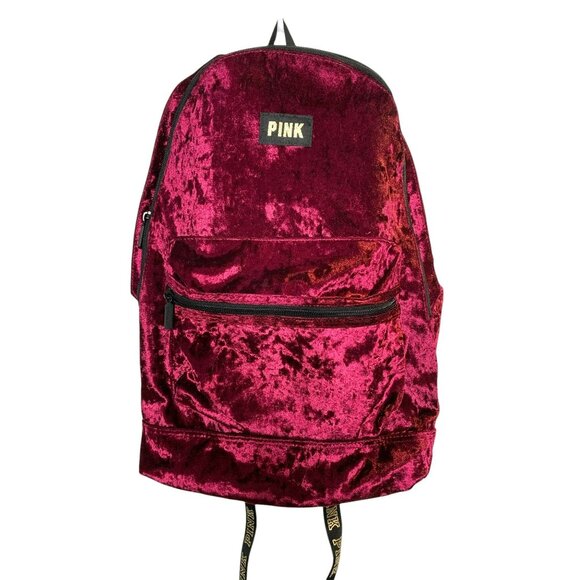 Victorias Secret Pink Burgundy Velvet Backpack Gold Logo Multiple Pockets - Picture 1 of 7